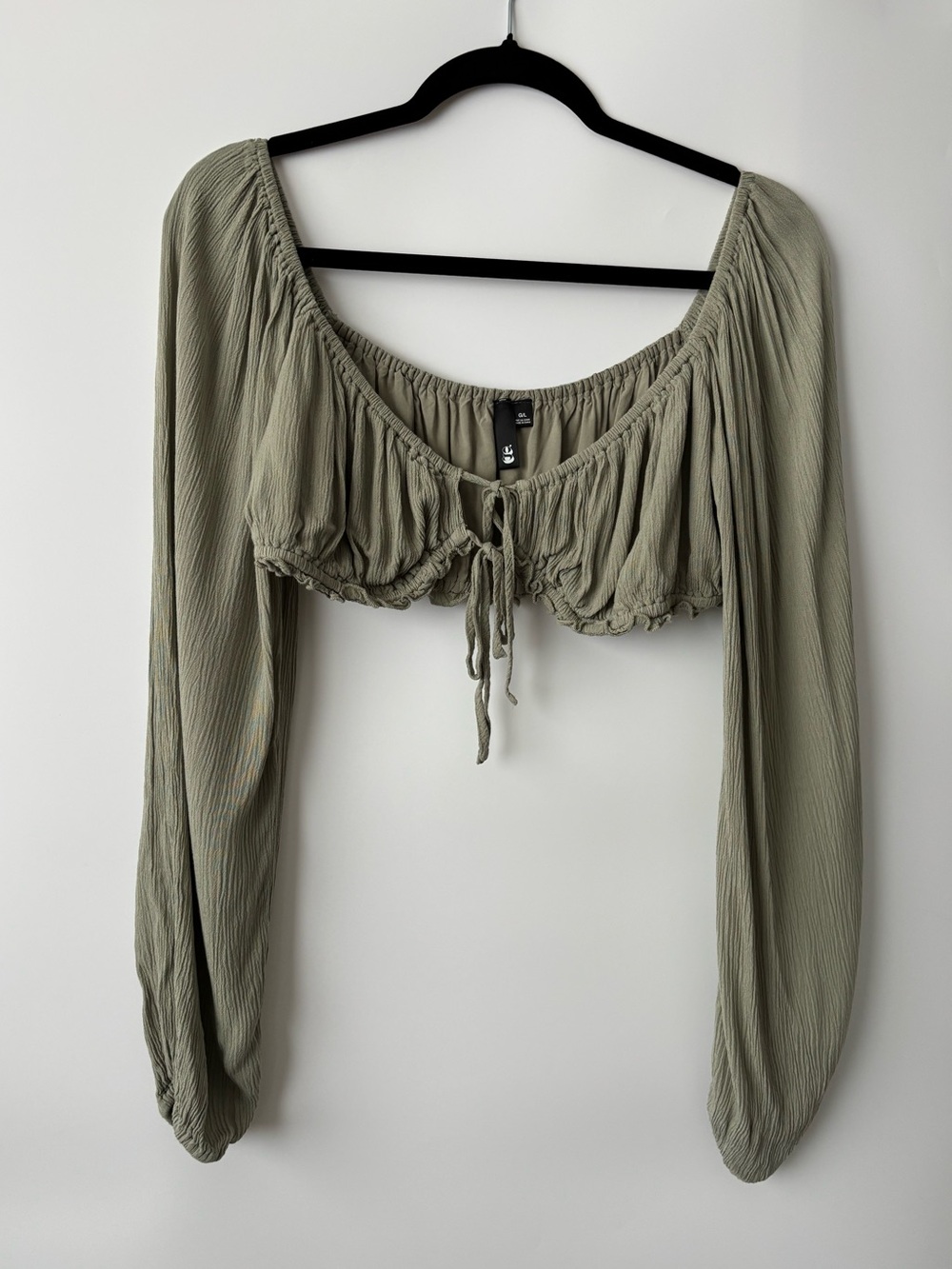 g Crinkle Tie Front Long Sleeve Peasant Crop Top Boho Earthy Renaissance Size L
